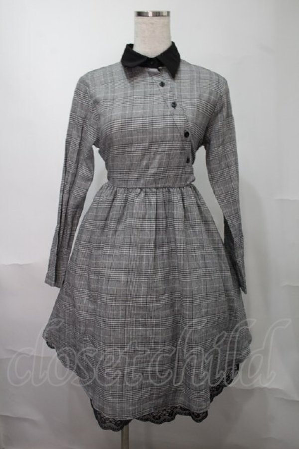 画像1: NieR Clothing / チェック裾レースワンピース  グレー S-25-08-02-049-PU-OP-HR-ZS (1)