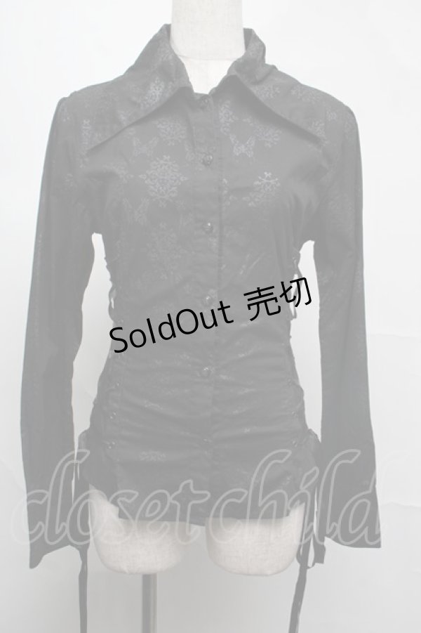 画像1: h.naoto Blood / サイドレースアッププリントブラウス  黒 S-25-08-04-028-HN-BL-AS-ZS (1)