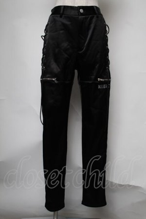 画像: NieR Clothing / サイド編み上げサテンパンツ  黒 S-25-08-05-062-PU-PA-HR-ZS