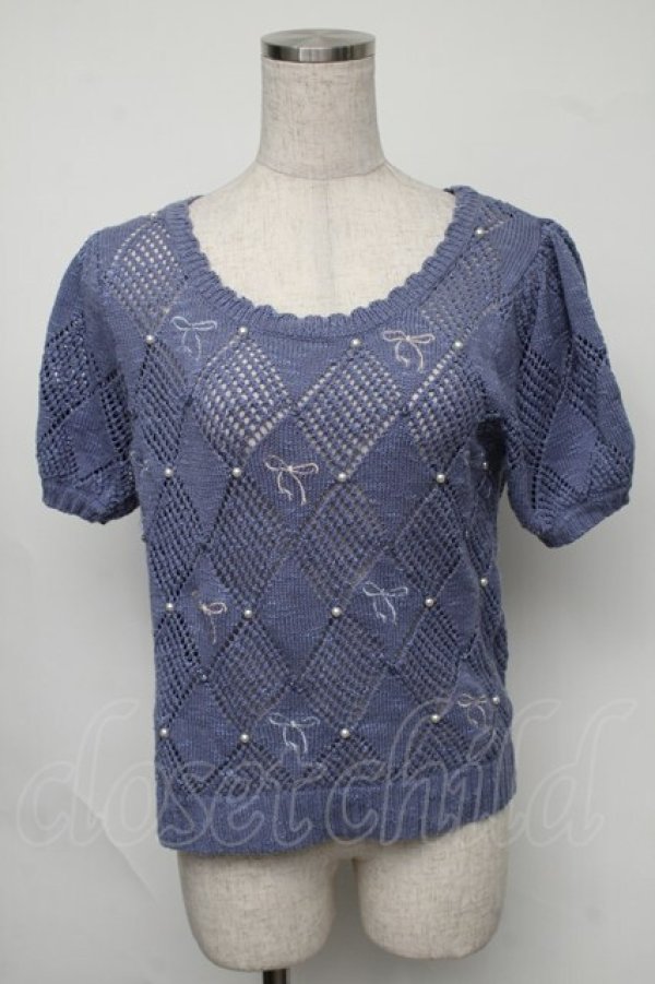 画像1: axes femme / リボンｘパールサマーニット  ブルー S-25-08-05-009-AX-TO-HR-ZS (1)