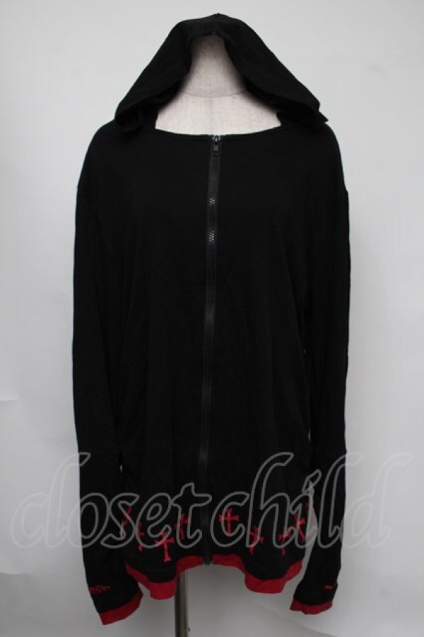 画像1: NieR Clothing / 裾クロスプリントパーカー  黒ｘ赤 S-25-08-05-013-PU-TO-HR-ZS (1)