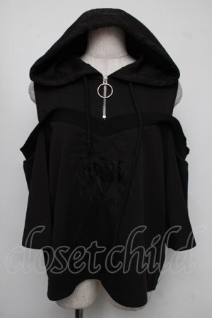 画像: KRY CLOTHING / 肩あき半袖パーカー  黒 S-25-08-05-016-EL-TO-AS-ZS