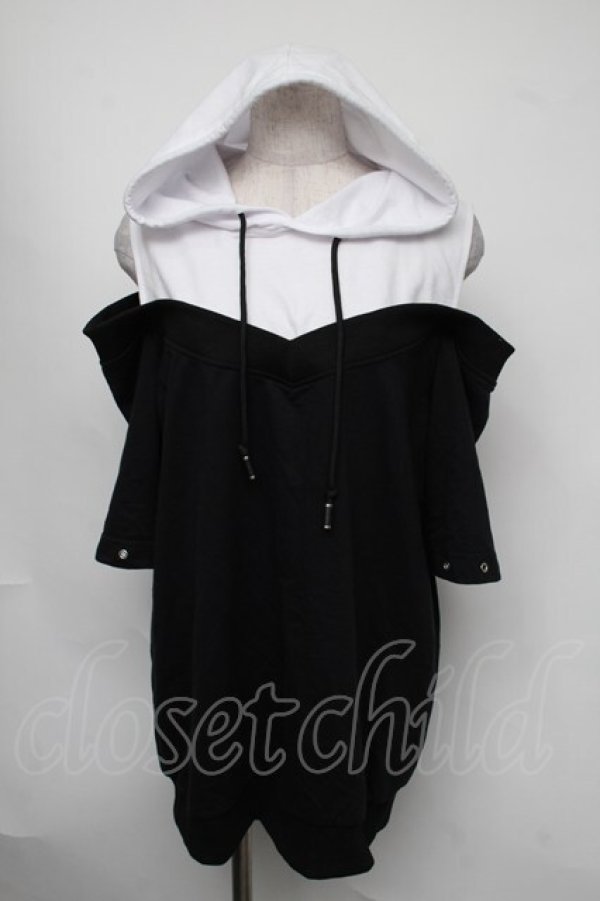 画像1: NieR Clothing / ショルダーカットフード付きカットソー  黒ｘ白 S-25-08-05-018-PU-TO-HR-ZS (1)