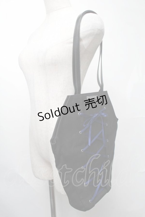 画像2: Moi-meme-Moitie / 編み上げ棺トートバッグ  黒ｘ青 S-25-08-09-018-MO-BG-HR-ZS (2)