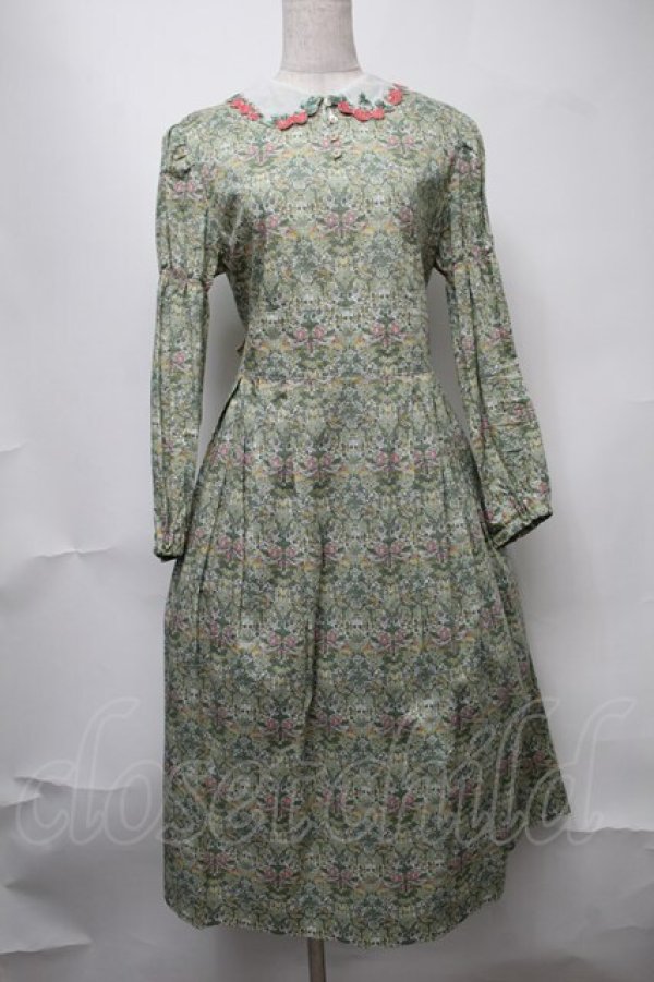 画像1: Jane Marple / Liberty William Morris いちご泥棒ワンピース  グリーン S-25-08-11-051-JM-OP-AS-ZI (1)