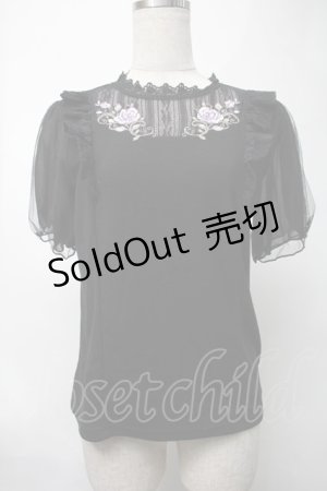 画像: axes femme / バラ刺繍チュール袖プルオーバー  黒 S-25-08-17-023-AX-TO-HR-ZS