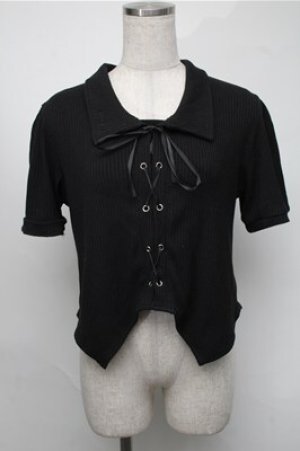 画像: NieR Clothing / 編み上げリブトップス  黒 S-25-08-18-030-PU-TO-HR-ZS