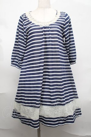 画像: axes femme /レースボーダーワンピース  ブルー S-25-08-19-052-AX-OP-AS-ZS