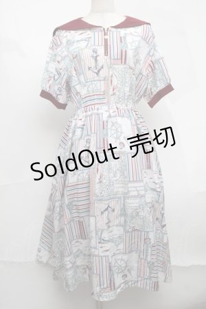 画像: axes femme / フレンチマリン柄セーラーワンピース  白ｘワイン S-25-08-19-041-AX-OP-AS-ZS