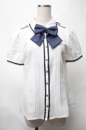 画像: Amavel / Romantique Emblemチェックリボン&ネクタイブラウス  白ｘ青 S-25-08-21-1010-CA-BL-HR-ZS