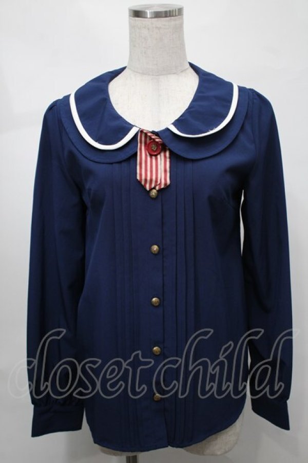 画像1: TRALALA / リボンブラウス  紺 S-25-08-21-024-LO-BL-AS-ZT504 (1)