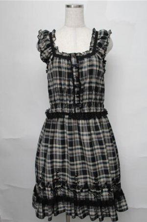画像: axes femme / チェックフロッキーワンピース  黒ｘグリーンｘオフ S-25-08-25-049-AX-OP-HR-ZS