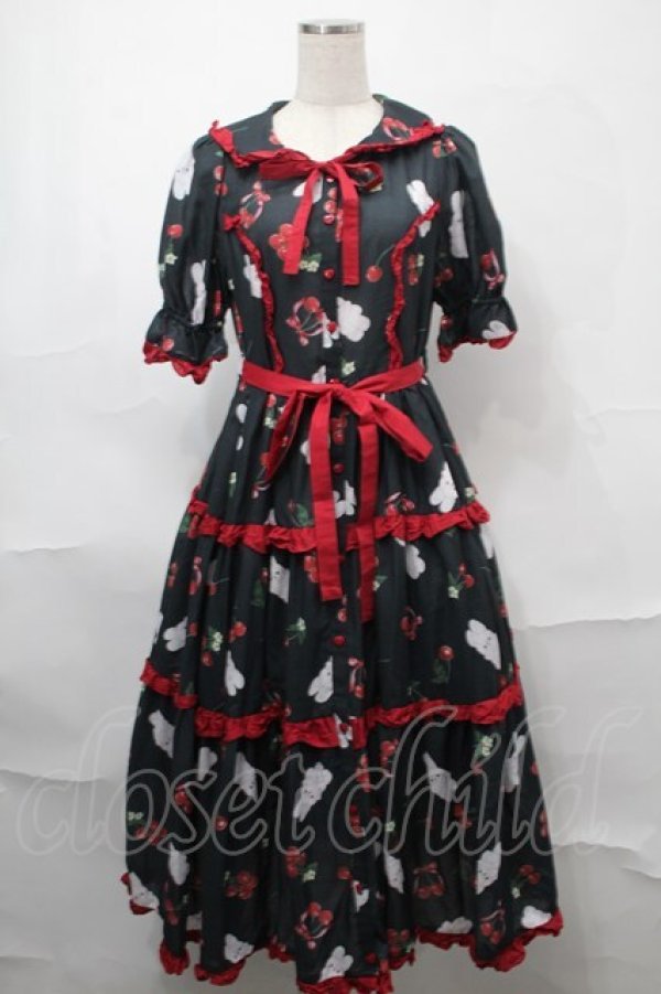 画像1: Chalmiere / チェリーバニー柄ワンピース  黒 S-25-08-29-056-AX-OP-HR-ZS (1)