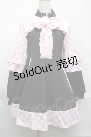 画像: Jamieエーエヌケー / ブロックチェックフリルジャージワンピース  黒ｘピンク S-25-09-01-047-PU-OP-HR-ZS