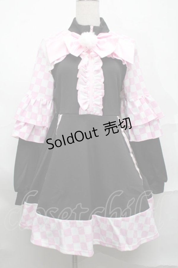 画像1: Jamieエーエヌケー / ブロックチェックフリルジャージワンピース  黒ｘピンク S-25-09-01-047-PU-OP-HR-ZS (1)