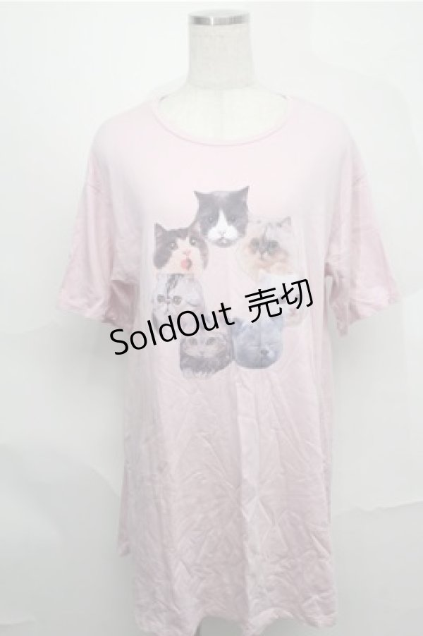 画像1: Candy Stripper / ネコプリントカットソー  ピンク S-25-09-03-042-PU-TO-AS-ZS (1)