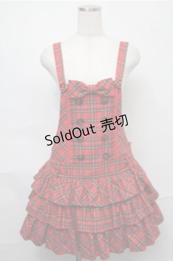 画像1: Angelic Pretty / スクールタータン3段フリルサロペット  赤 S-25-09-03-060-AP-OP-AS-ZS (1)