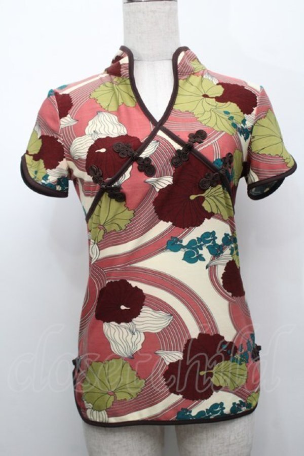 画像1: Ozz On / チャイナデザインカットソー  ピンクｘグリーン S-25-09-05-006-OO-BL-HR-ZS (1)