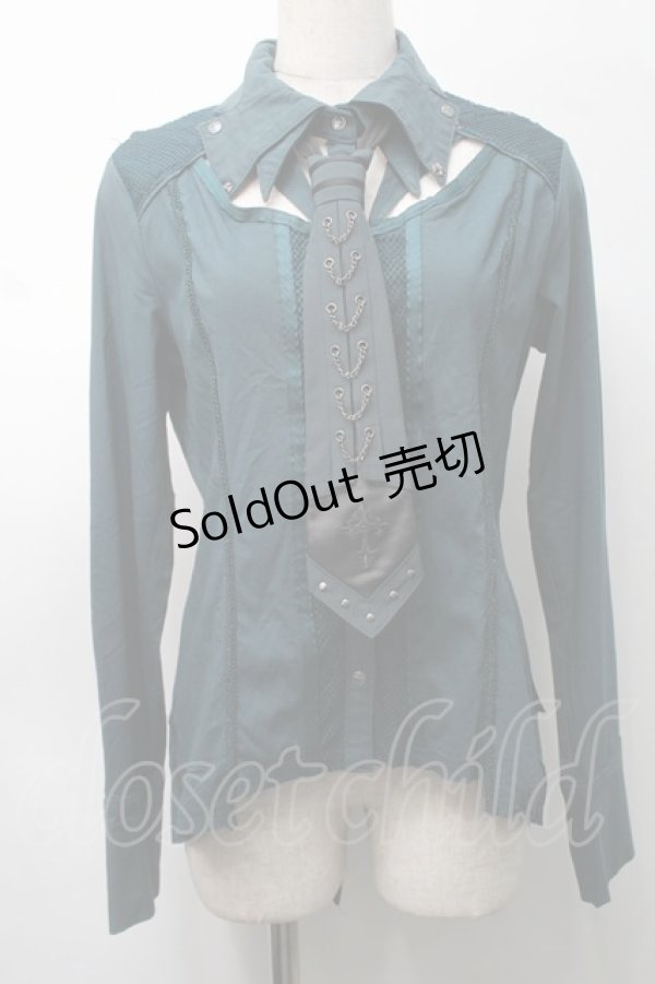 画像1: Ozz Croce / ネクタイ付きメッシュ切替ブラウス  グリーン S-25-09-05-032-OO-BL-SZ-ZS (1)