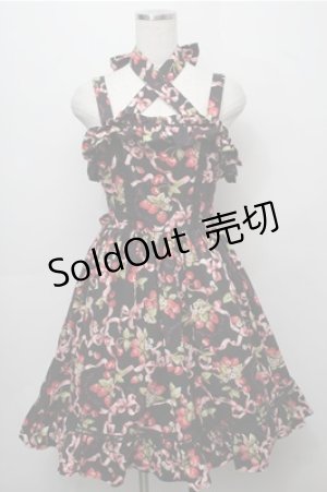 画像: BABY,THE STARS SHINE BRIGHT / いちごとさくらんぼフリルジャンパースカート  黒 S-25-09-06-050-BA-OP-HR-ZT490