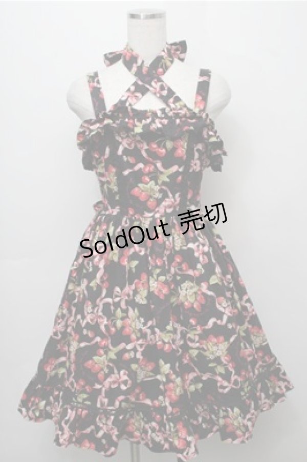 画像1: BABY,THE STARS SHINE BRIGHT / いちごとさくらんぼフリルジャンパースカート  黒 S-25-09-06-050-BA-OP-HR-ZT490 (1)