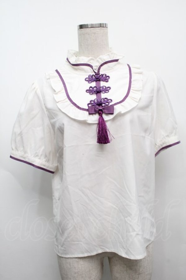 画像1: Amavel / チャイナモチーフスクエアヨーク切替ブラウス  白 S-25-09-12-041-CA-BL-HR-ZS (1)
