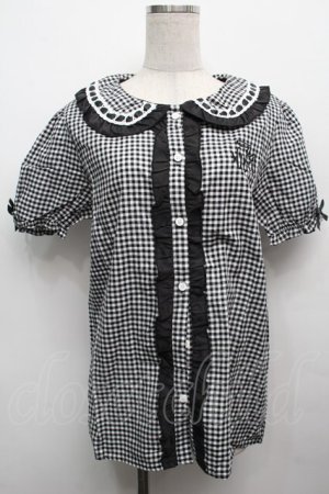 画像: NieR Clothing / ギンガムチェックフリル襟ブラウス  黒ｘ白 S-25-09-13-021-PU-BL-HR-ZS