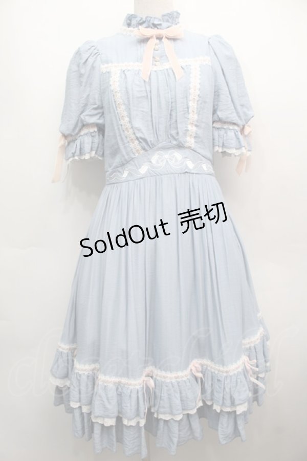 画像1: Hoshibako Works / ベルスーズリボン刺繍ワンピース  ブルー S-25-09-13-038-LO-OP-HR-ZS (1)