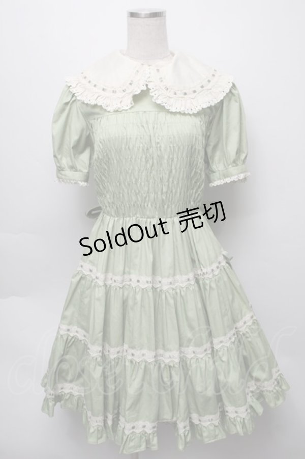 画像1: metamorphose / フロントシャーリング半袖ワンピース（バーバリー）  グリーン S-25-09-16-033-ME-OP-HR-ZS (1)