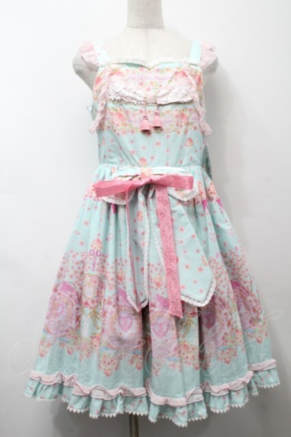 画像1: BABY,THE STARS SHINE BRIGHT / はなもも Shangri-La柄リボンジャンパースカート  ミント S-25-09-17-044-BA-OP-HR-ZT482 (1)