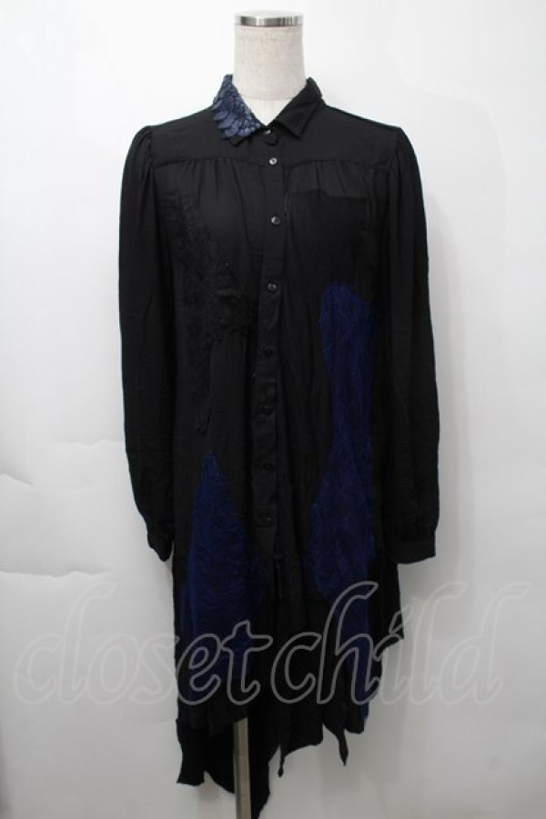 画像1: DARK RED  RUM / 襟鱗デザインレース切替シャツ  黒ｘ青 S-25-09-29-047-HN-BL-HR-ZS (1)
