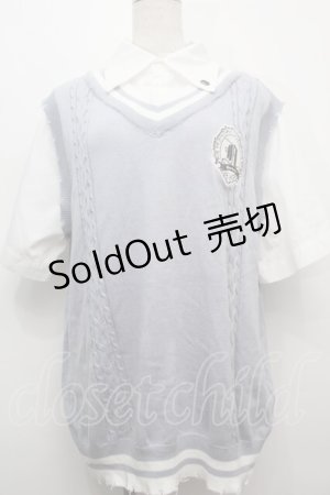 画像: NOEMIE / チェック付きベストレイヤード風ユユニセックスニット  白ｘサックス S-25-10-14-010-LO-BL-HR-ZS