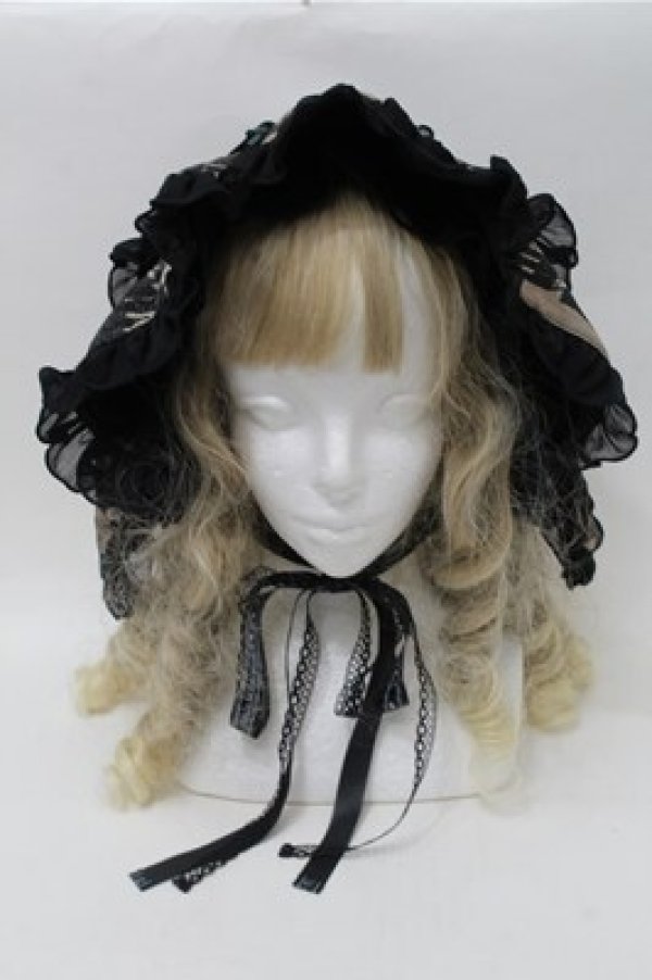 画像2: FRILL / アンティークテディベア柄うさ耳ボンネット  黒ｘｘグリーン S-25-10-17-025-HN-SK-HR-ZS (2)