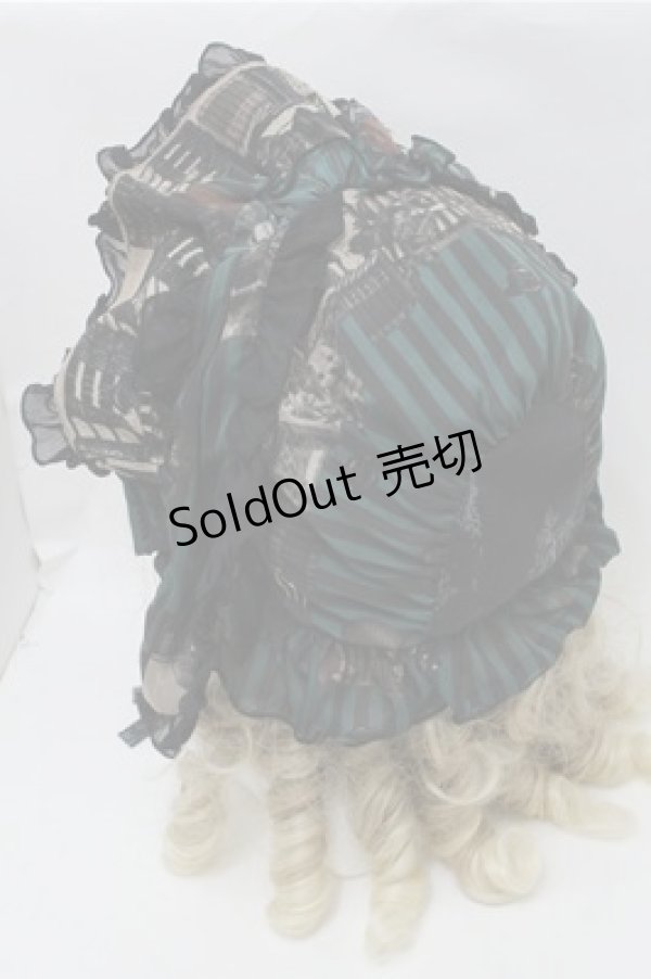 画像3: FRILL / アンティークテディベア柄うさ耳ボンネット  黒ｘｘグリーン S-25-10-17-025-HN-SK-HR-ZS (3)