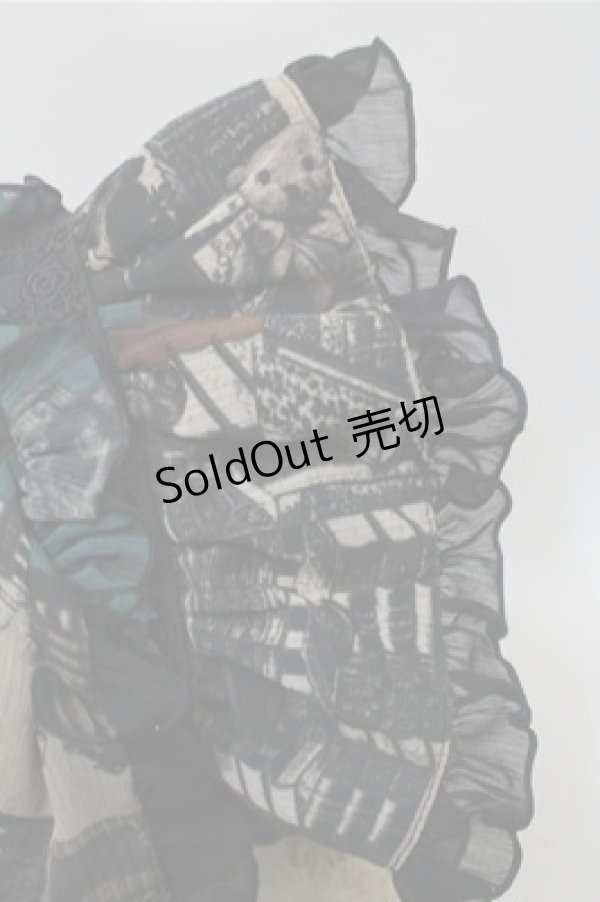 画像4: FRILL / アンティークテディベア柄うさ耳ボンネット  黒ｘｘグリーン S-25-10-17-025-HN-SK-HR-ZS (4)