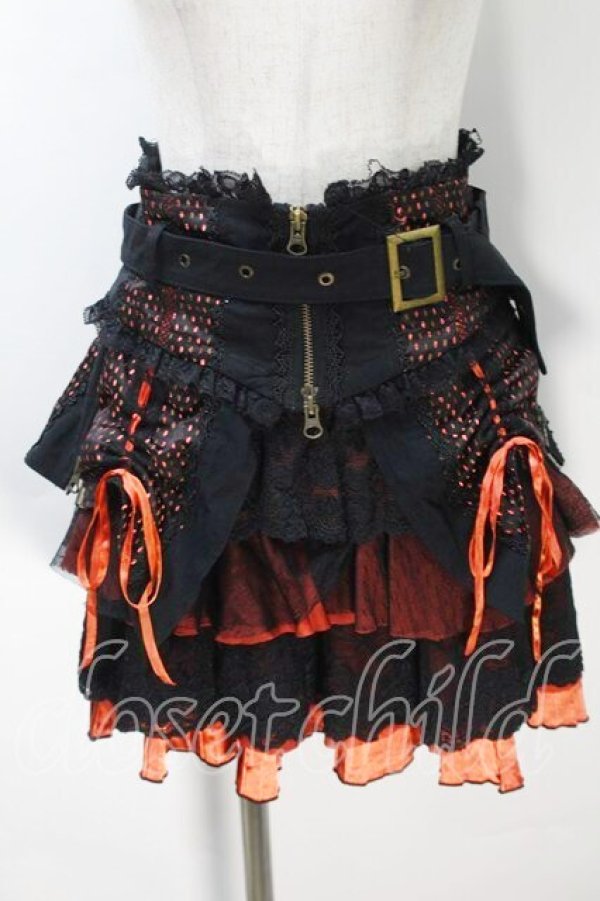 画像1: Ozz Croce / オーバーフラップコルセット付きティアードスカート  黒ｘオレンジ S-25-10-30-051-OO-SK-HR-ZS (1)