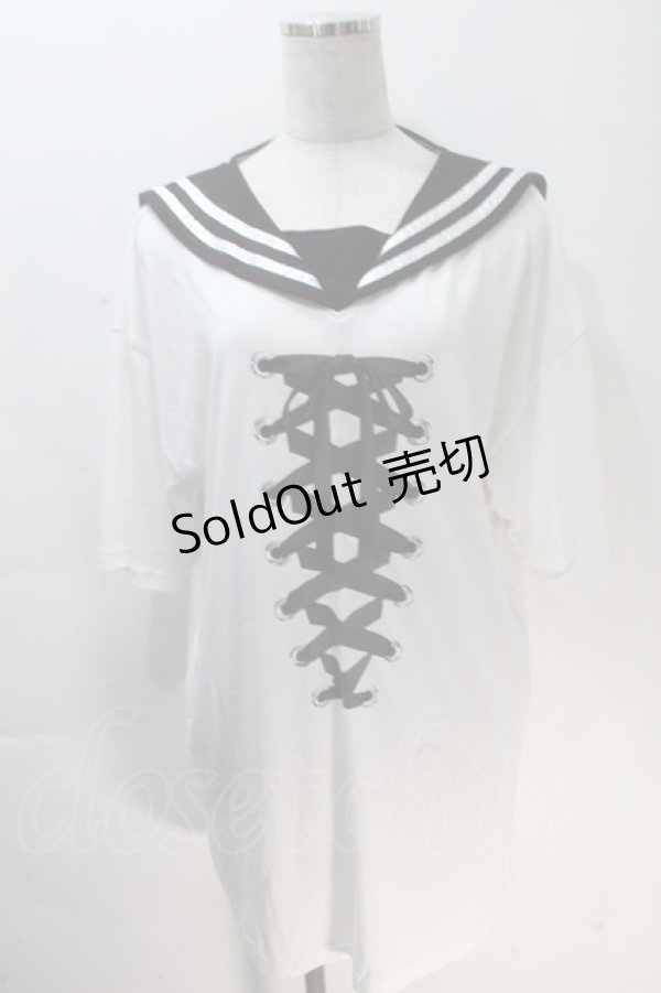 画像1: LISTEN FLAVOR / レースアップリボンセーラーワンピース  白ｘ黒 S-25-10-30-016-PU-OP-HR-ZS (1)