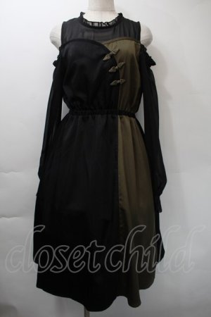 画像: axes femme / バイカラーチャイナボタンンピース  黒ｘカーキ S-25-11-03-042-AX-OP-AS-ZS