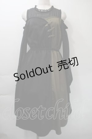 画像: axes femme / バイカラーチャイナボタンンピース  黒ｘカーキ S-25-11-03-042-AX-OP-AS-ZS