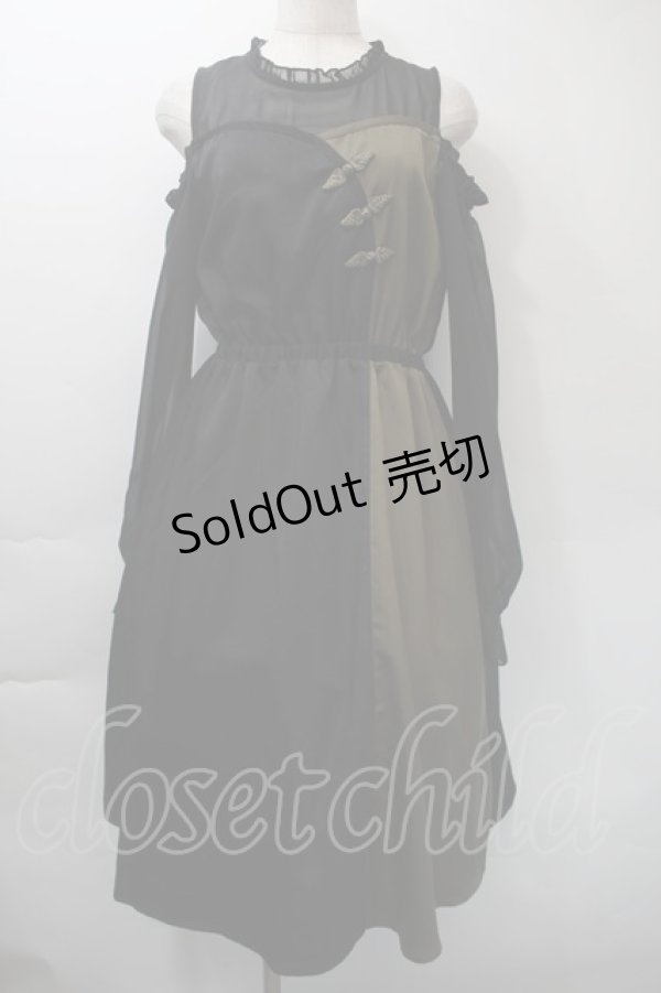 画像1: axes femme / バイカラーチャイナボタンンピース  黒ｘカーキ S-25-11-03-042-AX-OP-AS-ZS (1)