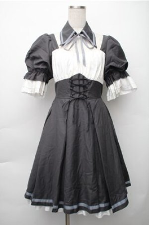 画像: 中国ロリータ / シャーリング切替ワンピース  グレーｘ白 S-25-11-05-031-LO-OP-HR-ZS