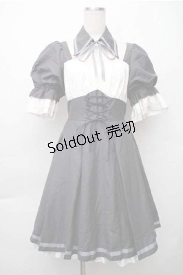 画像1: 中国ロリータ / シャーリング切替ワンピース  グレーｘ白 S-25-11-05-031-LO-OP-HR-ZS (1)