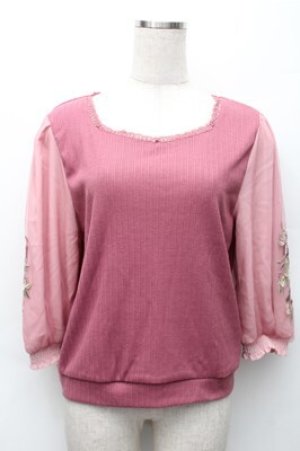 画像: axes femme / 花刺繍チュール袖七分袖プルオーバー  ピンク S-25-11-07-022-AX-TO-HR-ZS