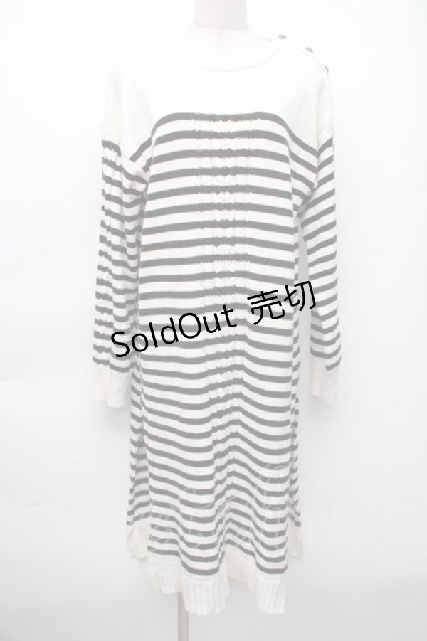 画像1: axes femme / 肩ボタンデザインボーダースリットワンピース  オフｘ黒 S-25-11-14-034-AX-OP-HR-ZS (1)