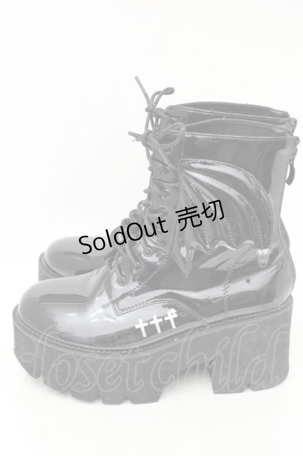 画像2: NieR Clothing / 羽根付きエナメル厚底ブーツ  黒 S-25-11-14-007-PU-SH-HR-ZS (2)