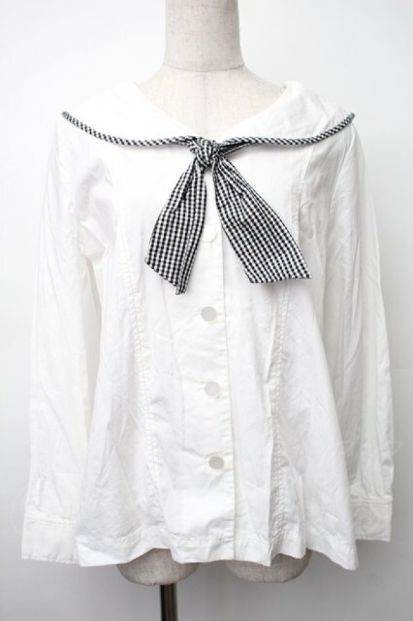 画像1: Fi.n.t / ギンガムタイ付きセーラーブラウス  白 S-25-11-14-018-CA-BL-HR-ZS (1)