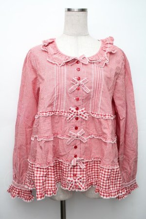 画像: PINK HOUSE / ギンガムパッチワークブラウス  赤 S-25-11-14-021-LO-BL-AS-ZS