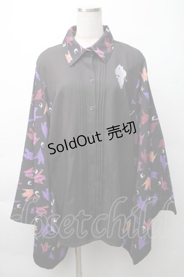 画像1: NieR Clothing / 着物風袖ブロッキングシャツ【折鶴】  黒 S-25-11-16-020-PU-BL-HR-ZS (1)