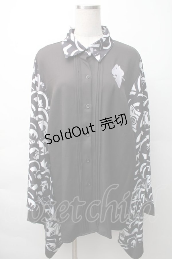 画像1: NieR Clothing / 着物風袖ブロッキングシャツ【青海波】  黒ｘ白 S-25-11-16-021-PU-BL-HR-ZS (1)