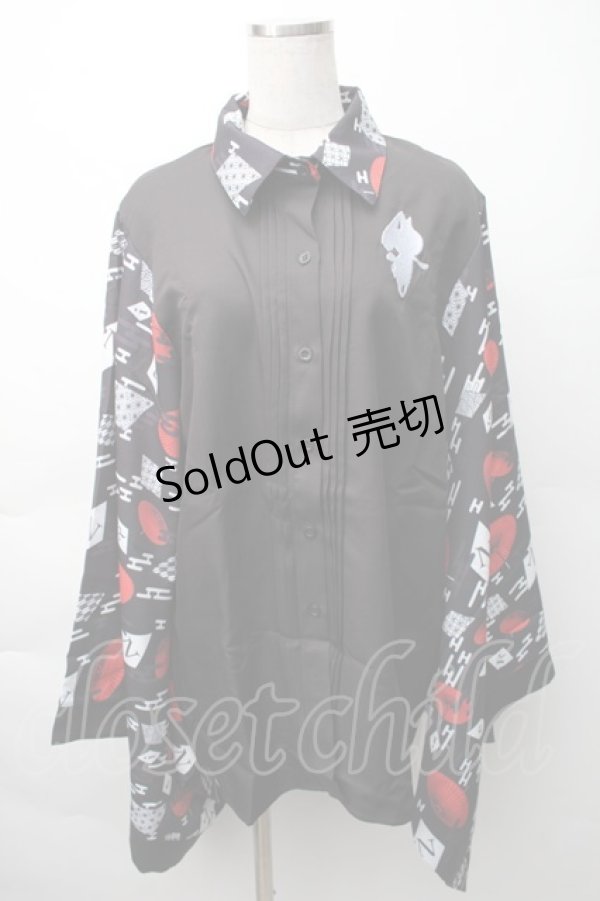 画像1: NieR Clothing / 着物風袖ブロッキングシャツ【和傘】  黒ｘ赤 S-25-11-16-022-PU-BL-HR-ZS (1)